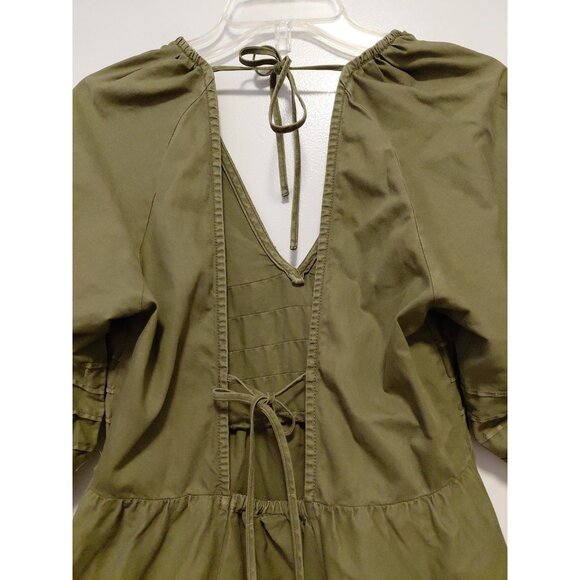 Free People Sweet Surrender Military Green Denim Dress Puff Sleeves Large - Picture 8 of 12